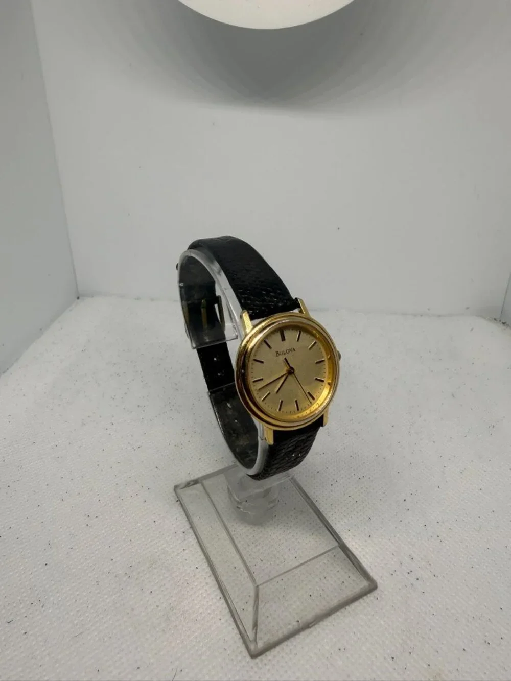 Vintage Bulova T7 Quartz Gold Tone Bezel Black Speidel Leather Women's Watch